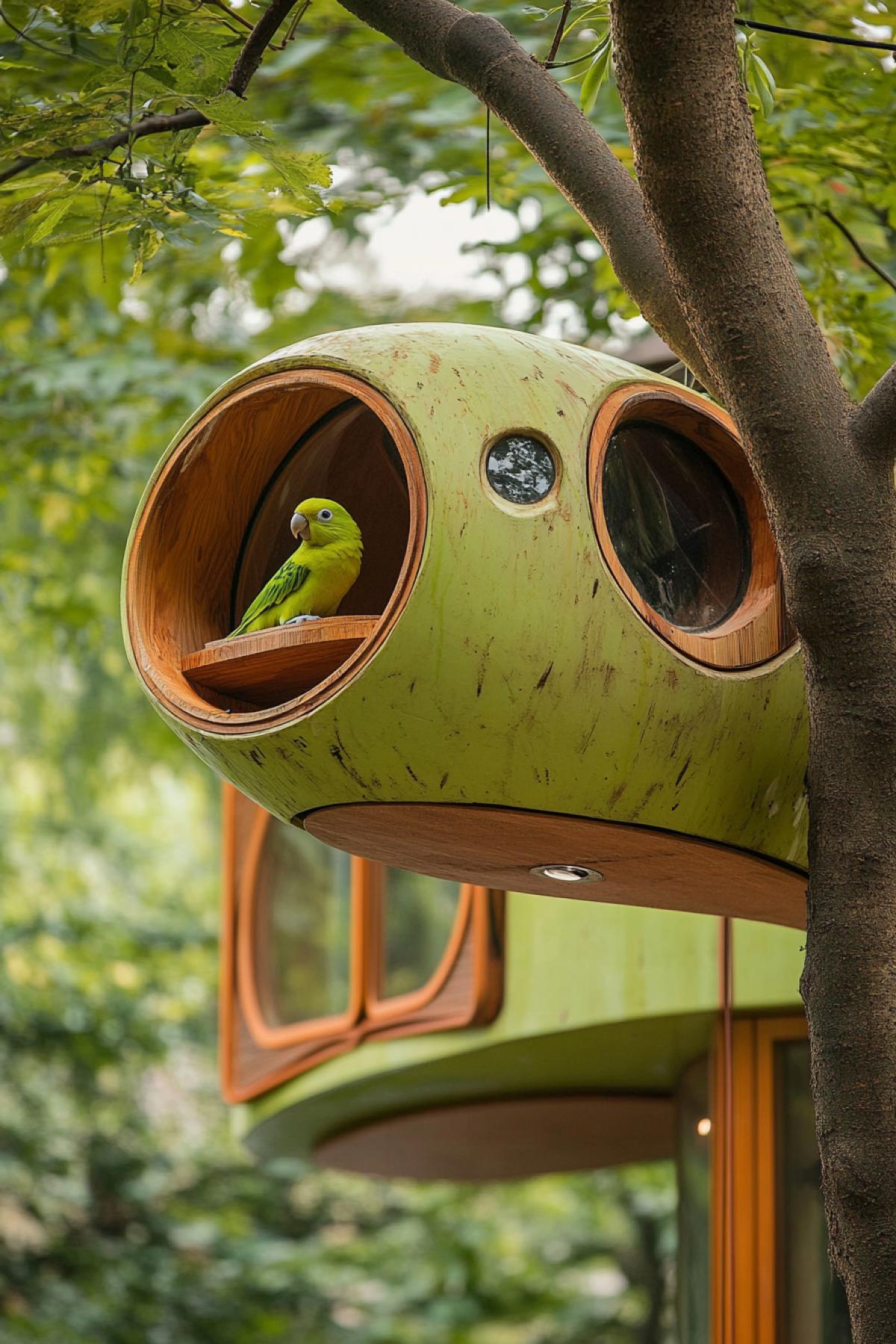 Futuristic houses on trees for birds in the world of clever birds birds inside