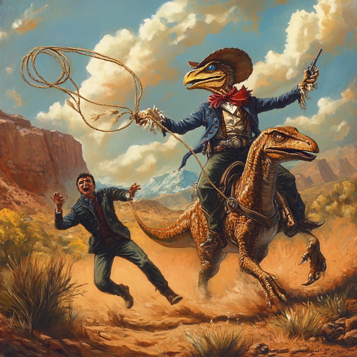 A humanoid bird dressed in a cowboy suit is riding a dinosaur and throwing a lasso at a fleeing man.