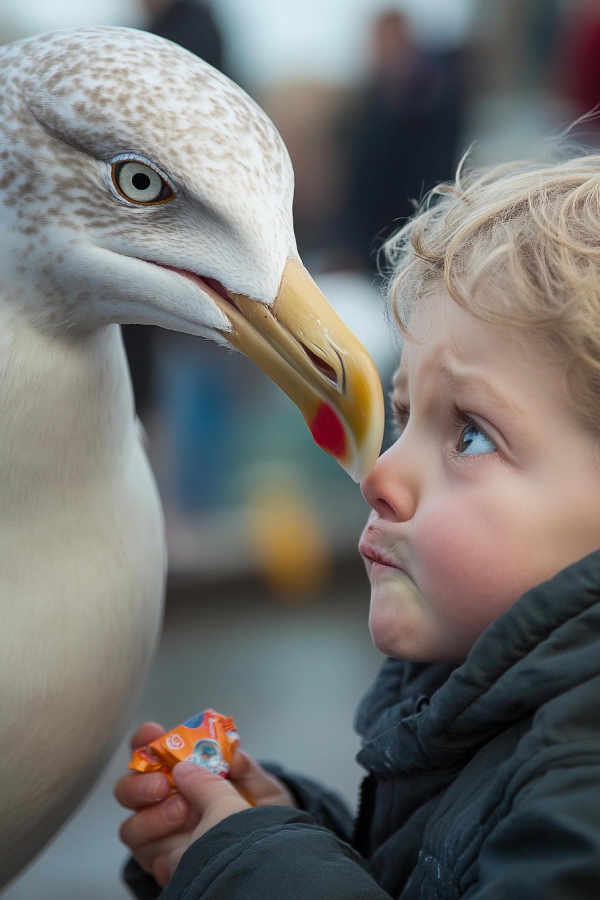 Port city. Close-up of a large, impudent, impudent seagull rudely taking away candy from a crying child.