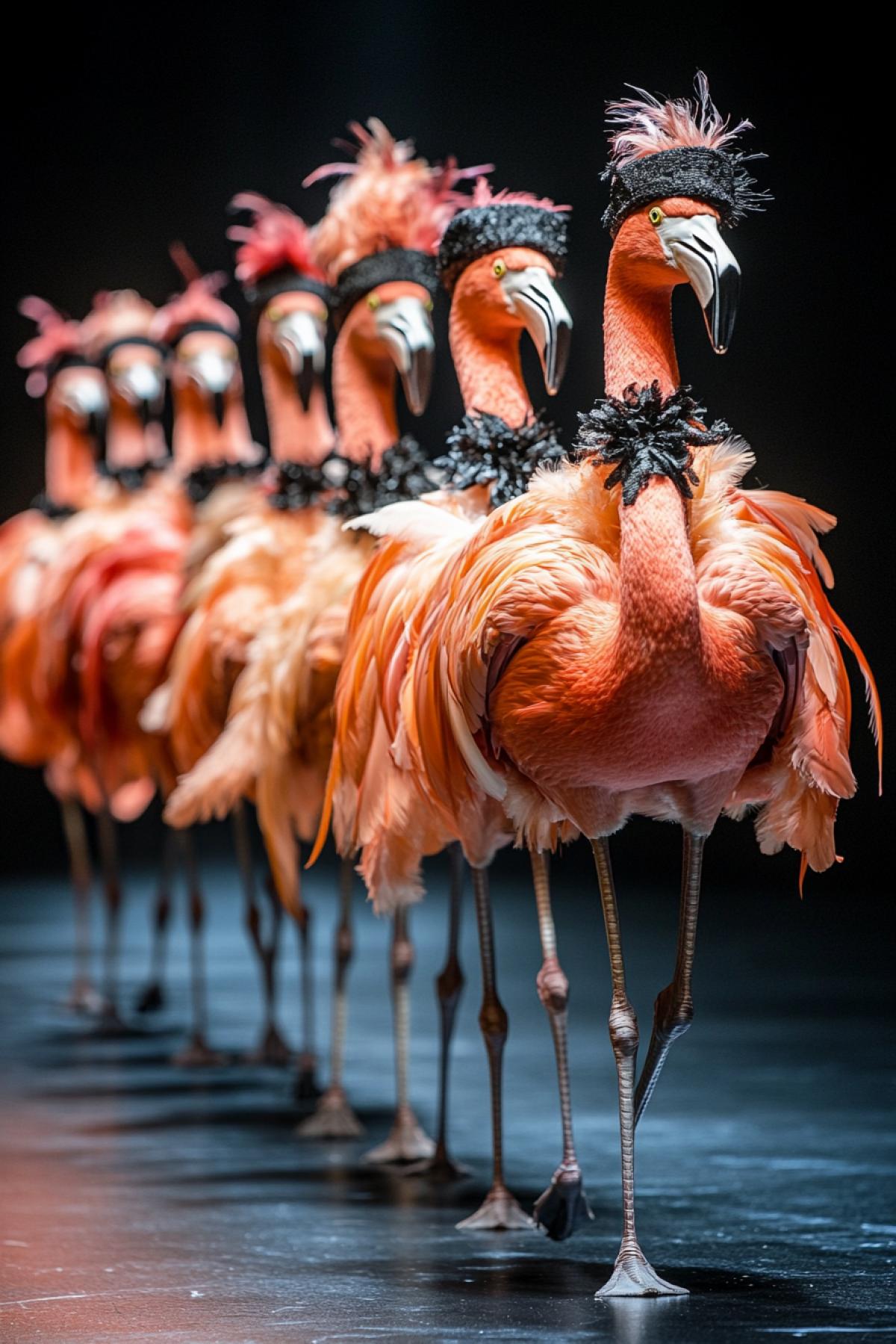 Seven flamingos walk on stage demonstrating haute couture long dress clothes hats scarves fashion week of birds