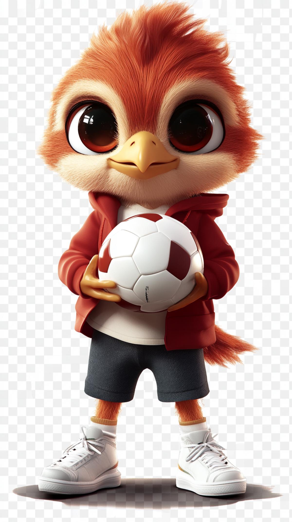 Cute Humanoid BABY Falcon, Wearing White Sneakers, Holding Soccer Ball, HAPPY Child Mascot, Full Portrait, Muppet Show Style, Transparent Background, Photorealistic