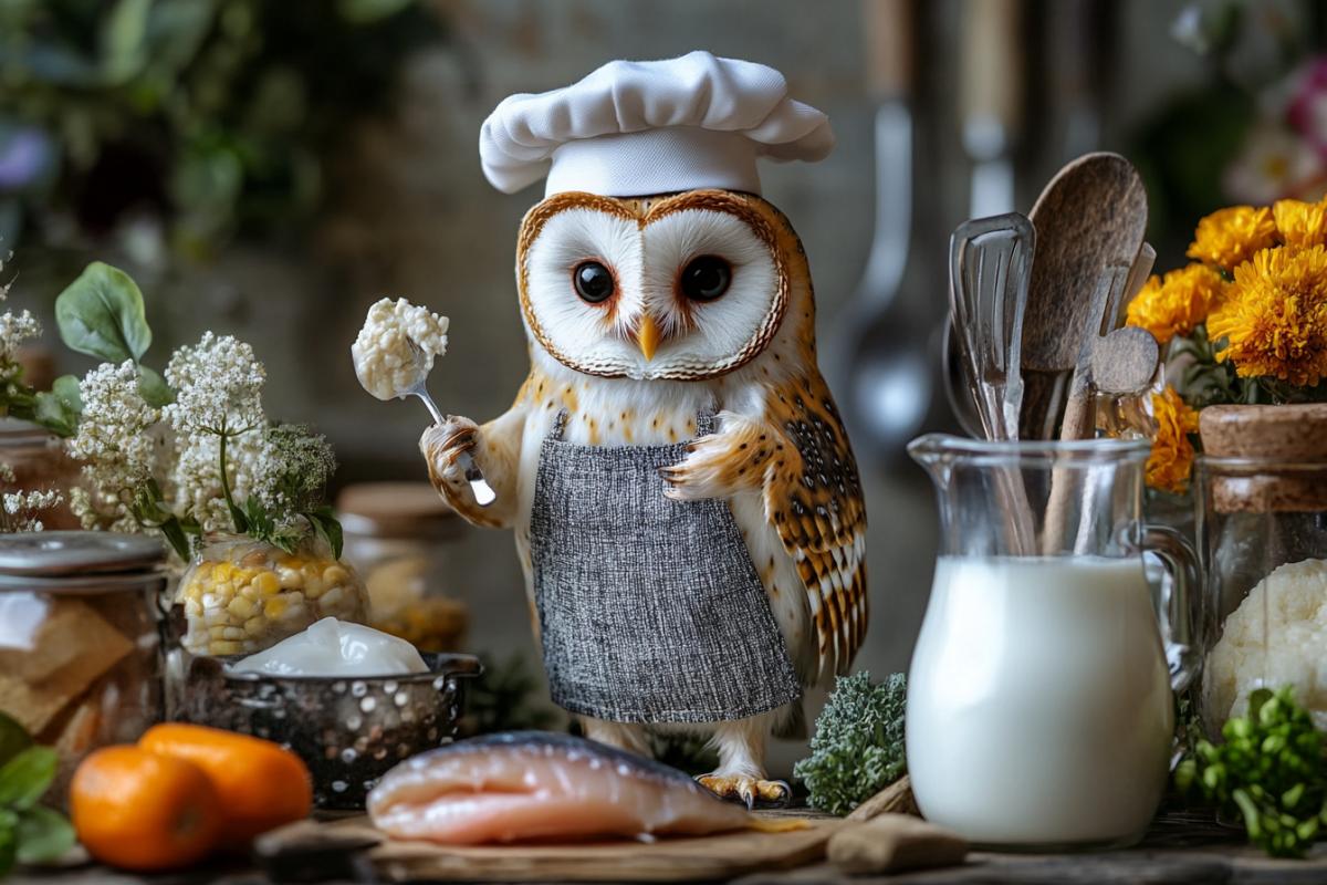 A barn owl dressed as a chef, wearing a tiny chefs hat and apron, surrounded by miniature kitchen utensils and ingredients such as fish and milk, arranged in a knoll style.