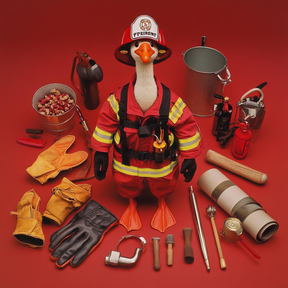 Goose, dressed as a firefighter, wearing a tiny firemans helmet and uniform, surrounded by miniature firefighting paraphernalia such as a bucket and hammer, a rolled-up fire hose, fire gloves, and a fire extinguisher, arranged in a knoll style.