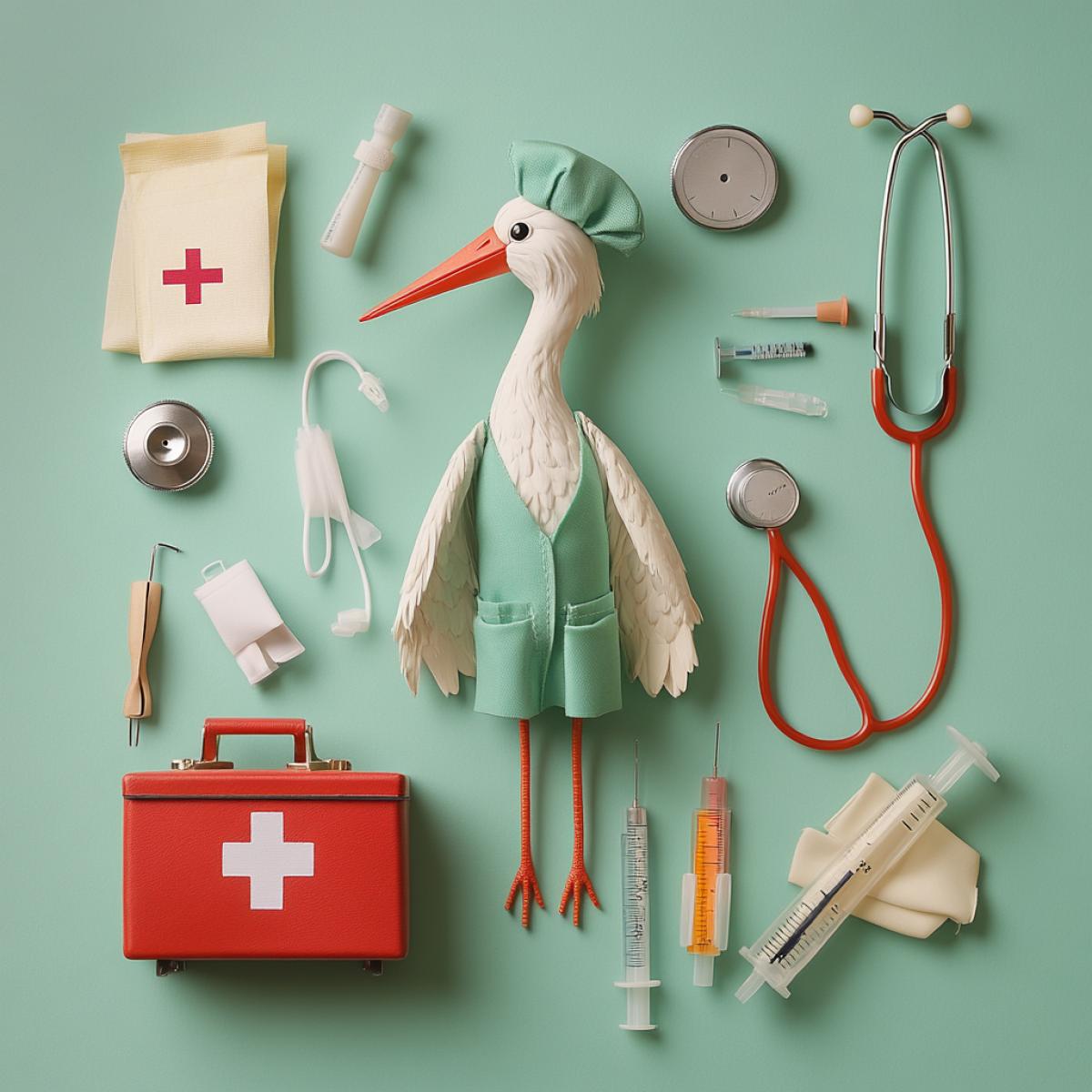 A stork dressed as a doctor, wearing a tiny medical beret and scrubs, surrounded by miniature medical supplies such as a stethoscope and bandages, a suitcase with a red cross and a red liquid pressure meter, syringe, arranged in a knolling style.