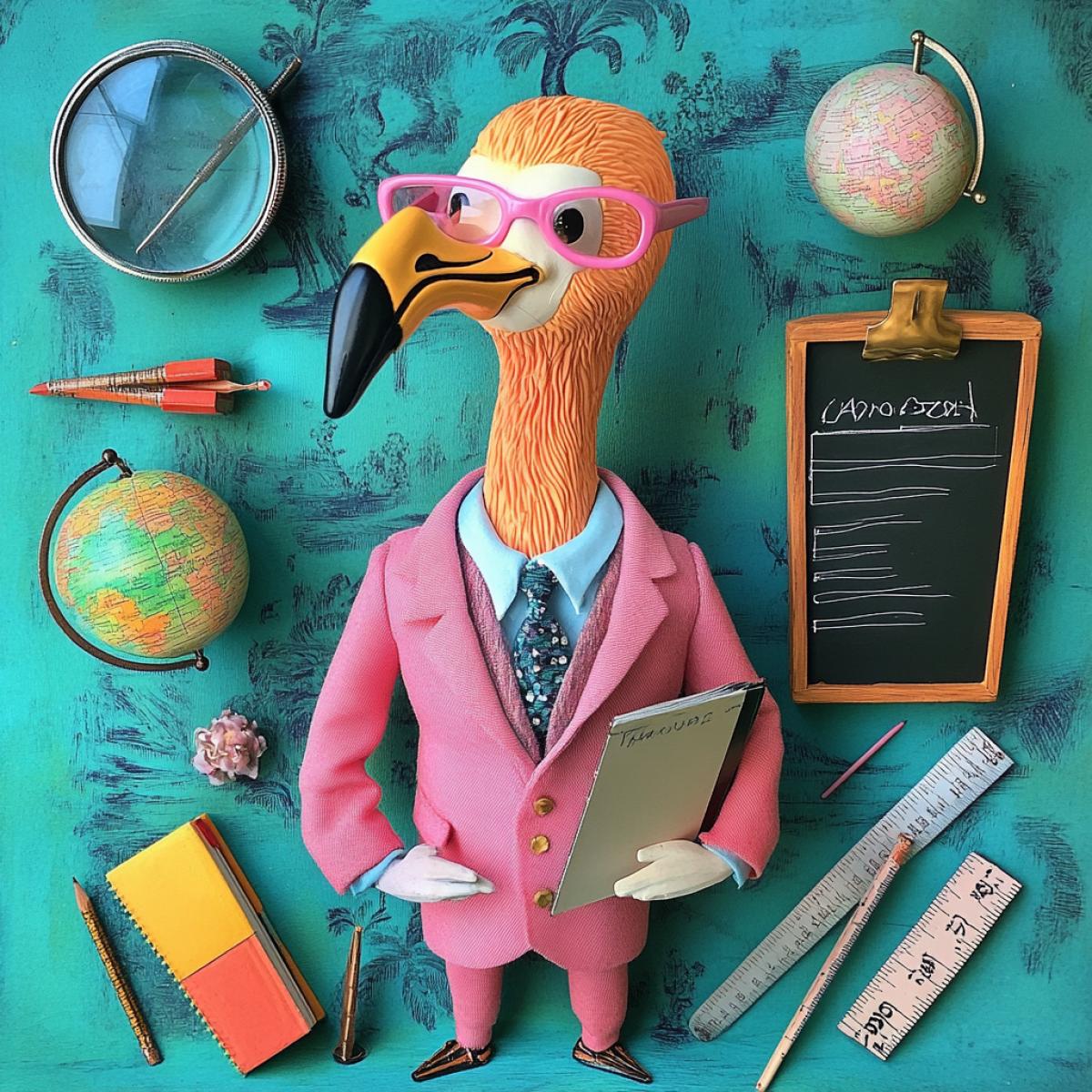 Flamingo dressed as a teacher with pink glasses and a pointer under his arm, surrounded by miniature school supplies such as a darkboard and teachers class register, a globe on a stand, a ruler and triangle, a magnifying glass on a handle, a pencil and deadsticks, arranged in a knolling style.