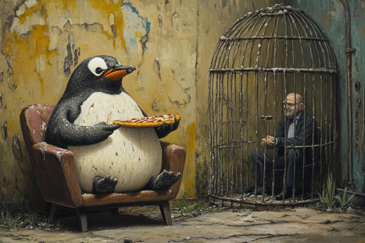 A big fat penguin is sitting in a chair lounging and eating pizza, next to it there is a cage in which a man is sitting.