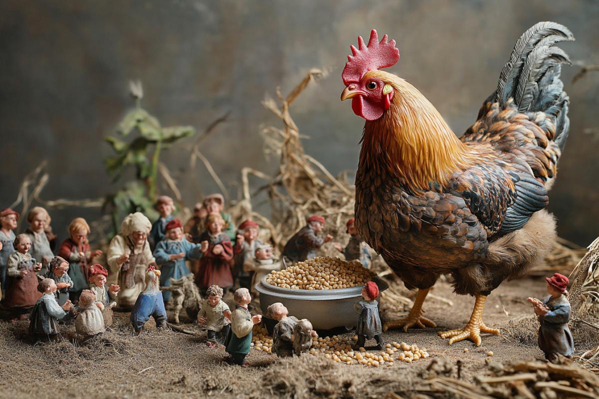 A big chicken feeds grain to little people who have gathered around a large feeder standing on the ground.