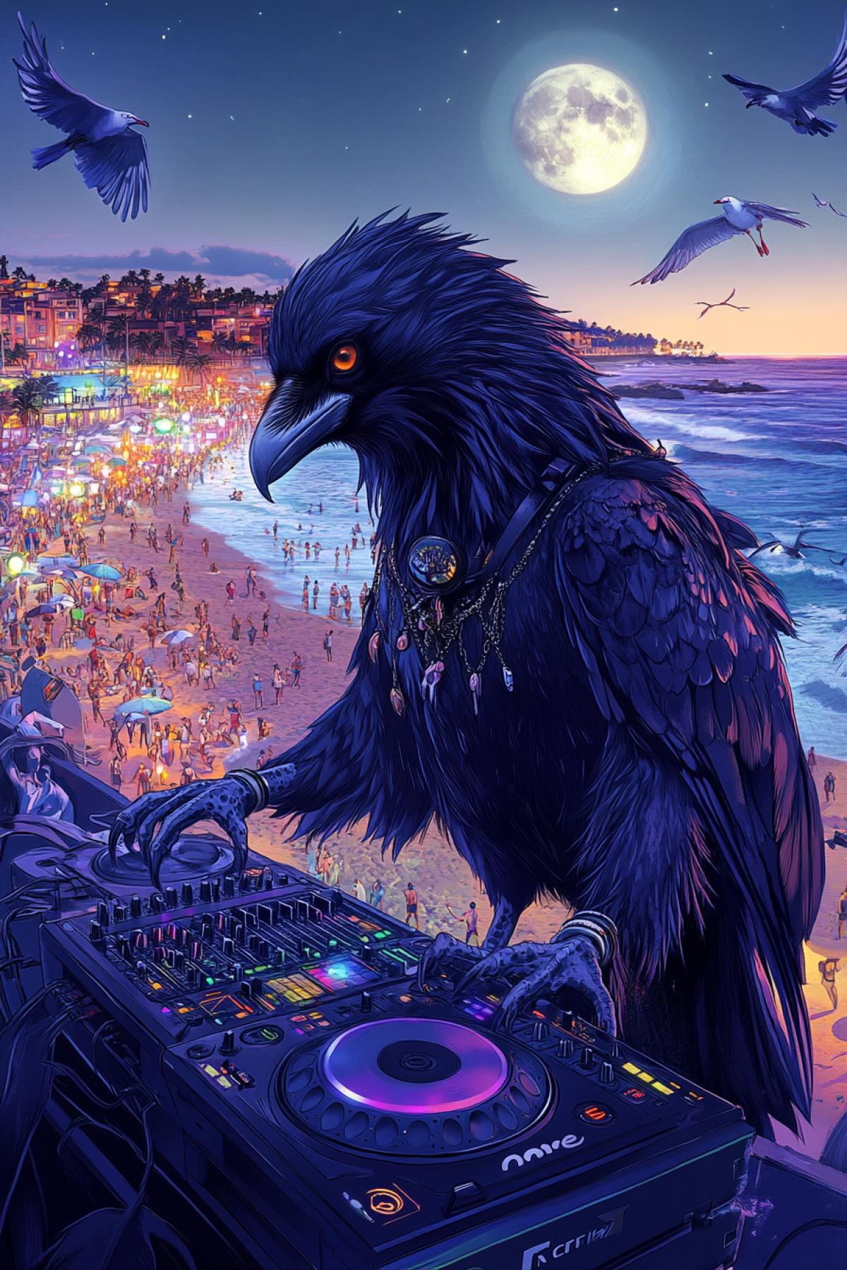 A stylish raven DJ immersed in an energetic beach party at dusk, surrounded by a dancing crowd, ocean waves 4kthe shoreline, under a moonlit sky, with a coastal town in the background, the glittering sand evoking i with airbrushed swirls in the style of R Crumb, his feathers ruffled by the sea breeze, seagulls circling overhead, coastal buildings out of focus in the background