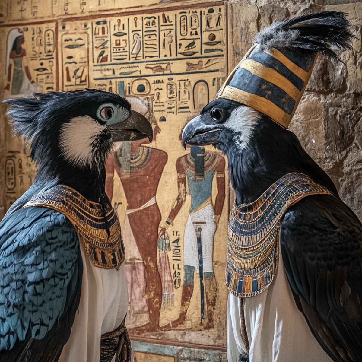 The Museum of Ancient Egypt. Two birds dressed like London dandies are looking at an ancient Egyptian fresco depicting a bird with a human head.