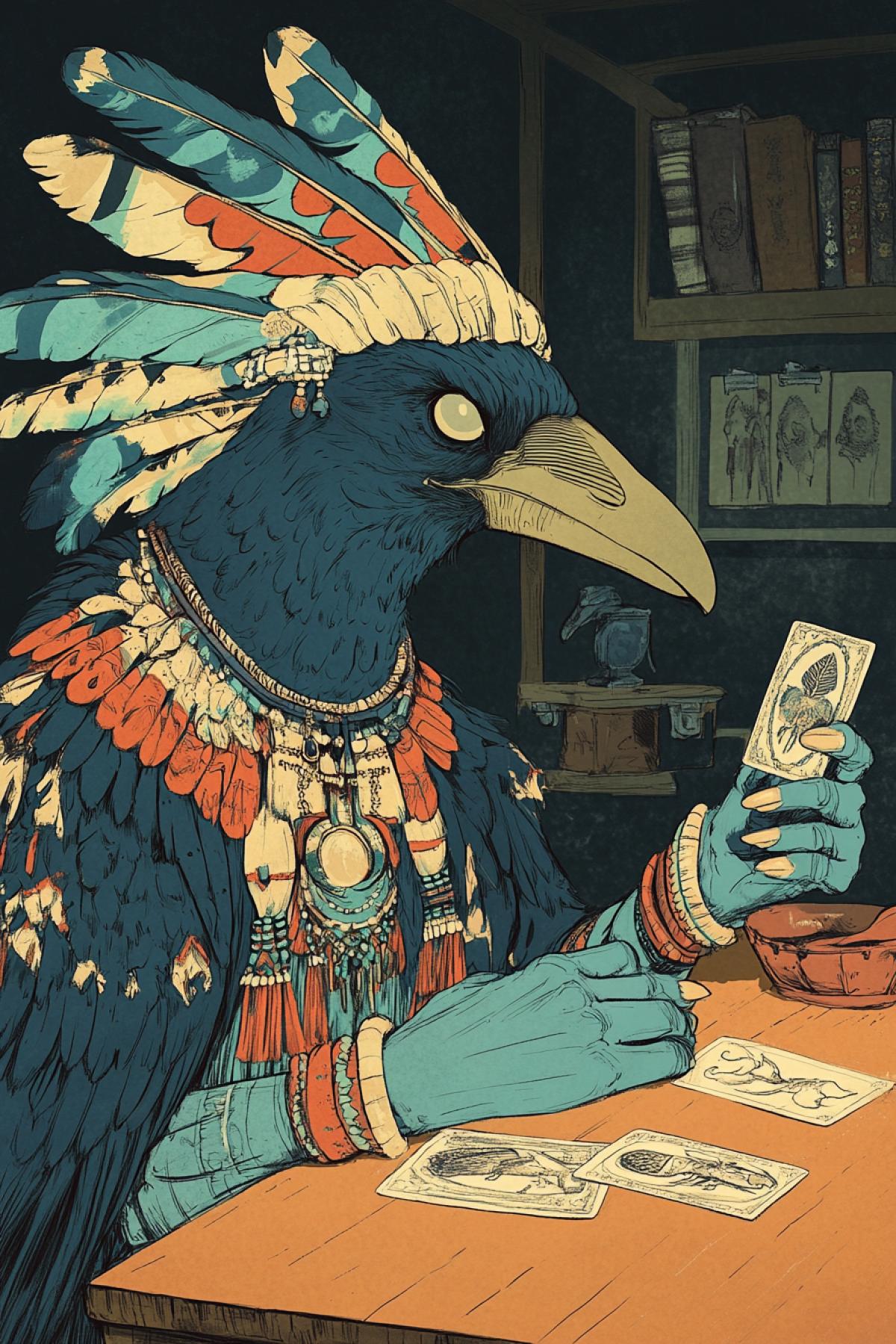 A humanoid bird, a magpie, dressed in Indian clothing, conducts a seance and lays out toro cards. The illustration is made in the style of the artist Ivan Yakovlevich Bilibin.