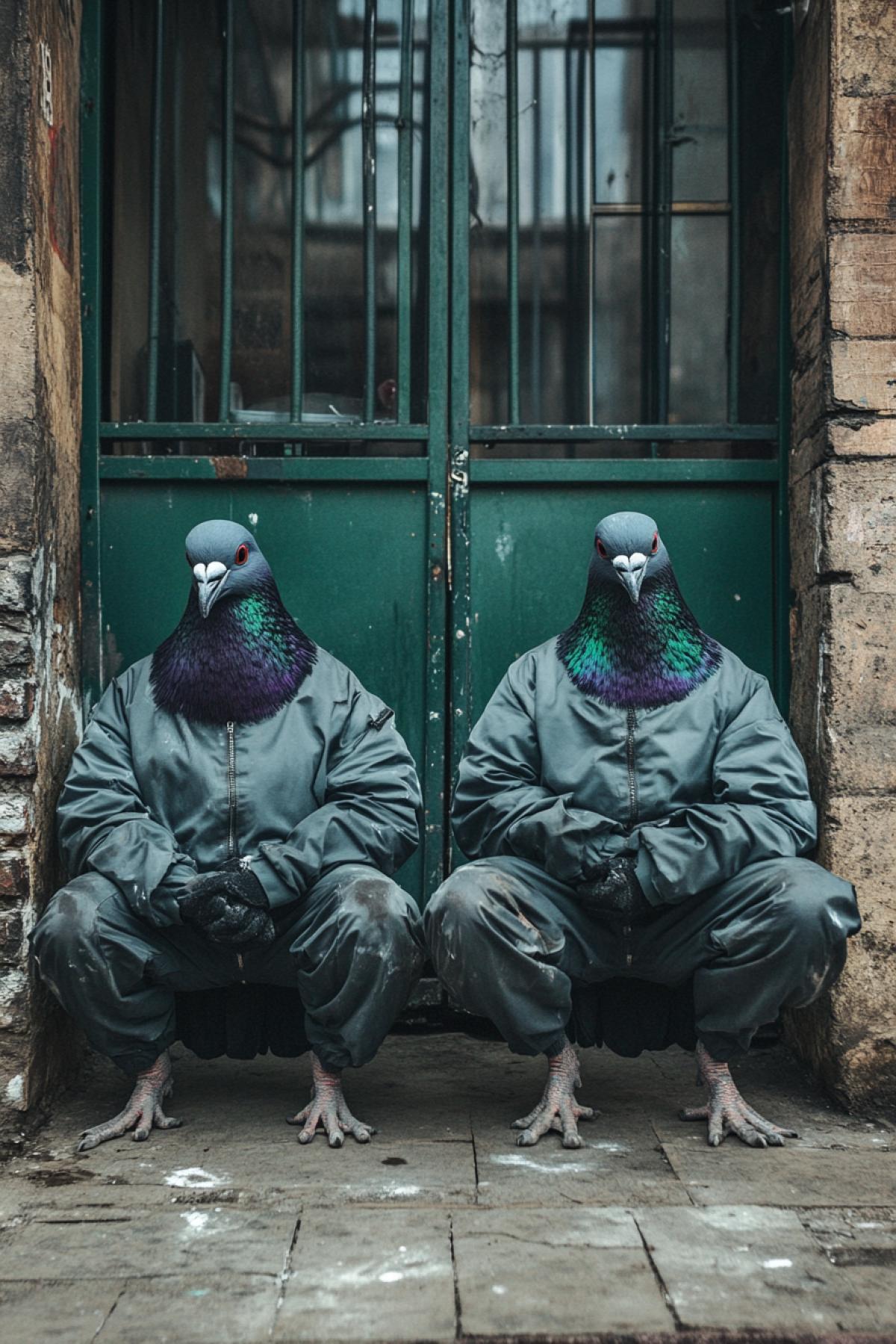 anthropomorphic pigeons in the form of bandits in tracksuits sit at the entrance, pigeon ghetto.