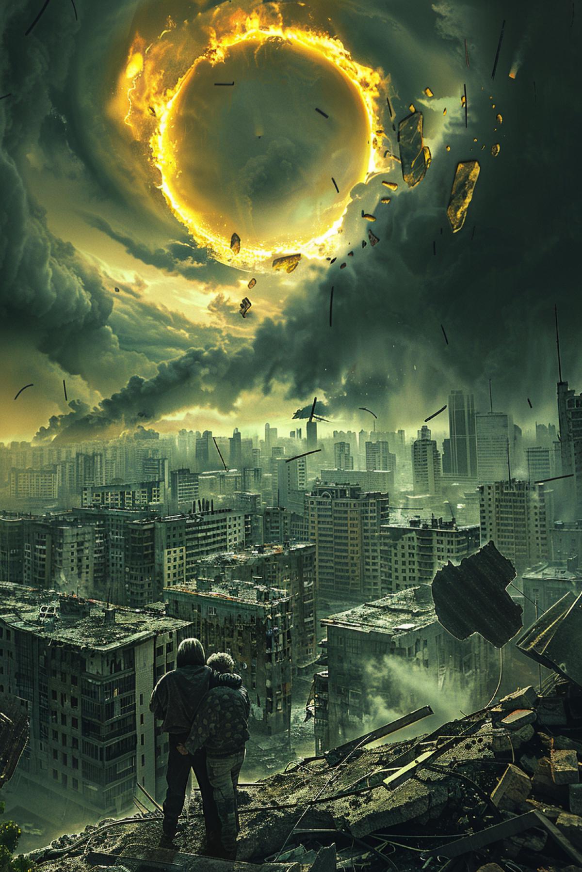 Uncle and aunt hugging among the apocalypse, romance, end of the world