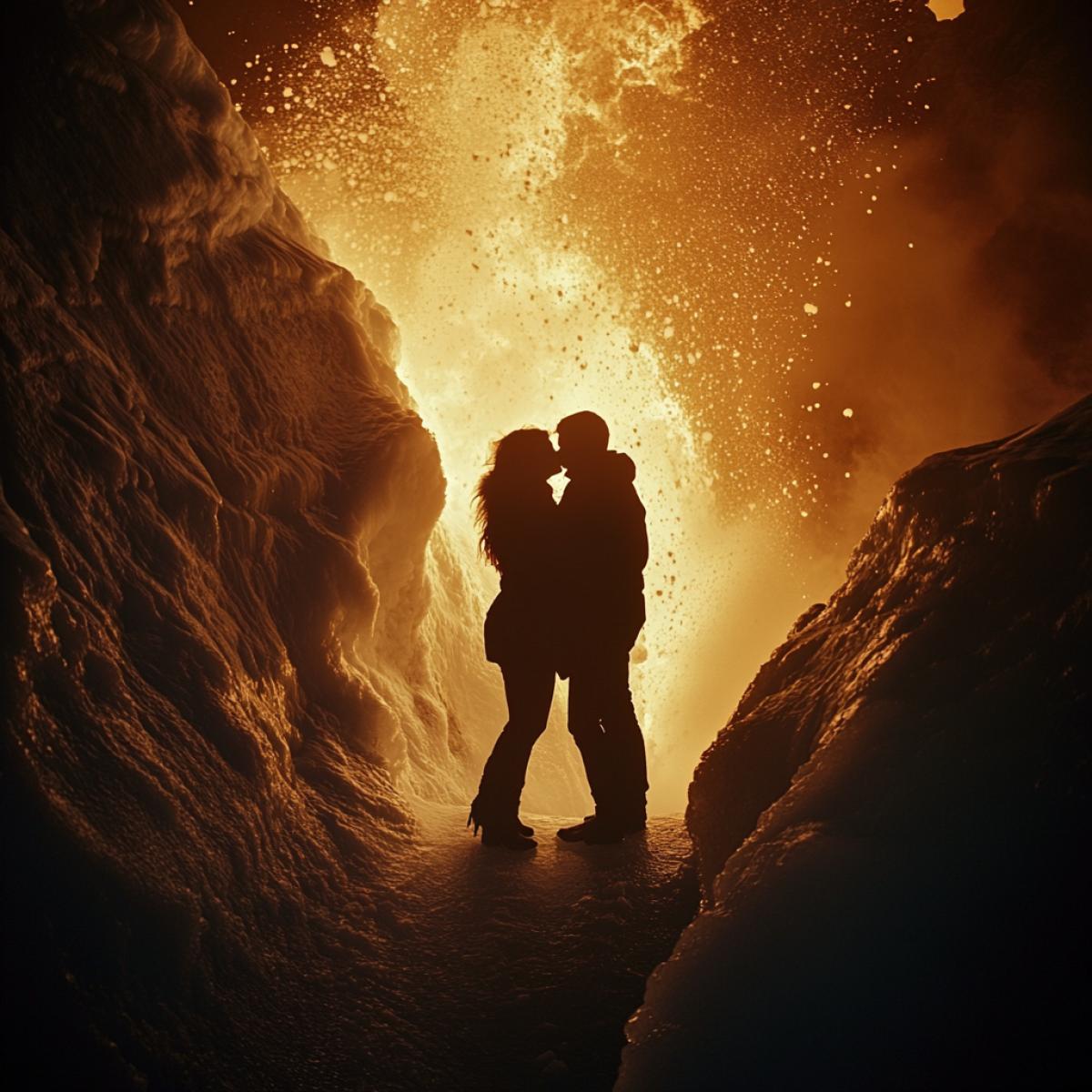 A mesmerizing photograph of a daring couple kissing on the icy surface of a frozen lake located in the crater of an actively erupting volcano. Their silhouettes are dramatically illuminated by the intense shimmering light emanating from the lava that flows from the edge of the crater. The icy beauty of the ice contrasts with the blazing heat of the volcano, creating an unforgettable visual experience.