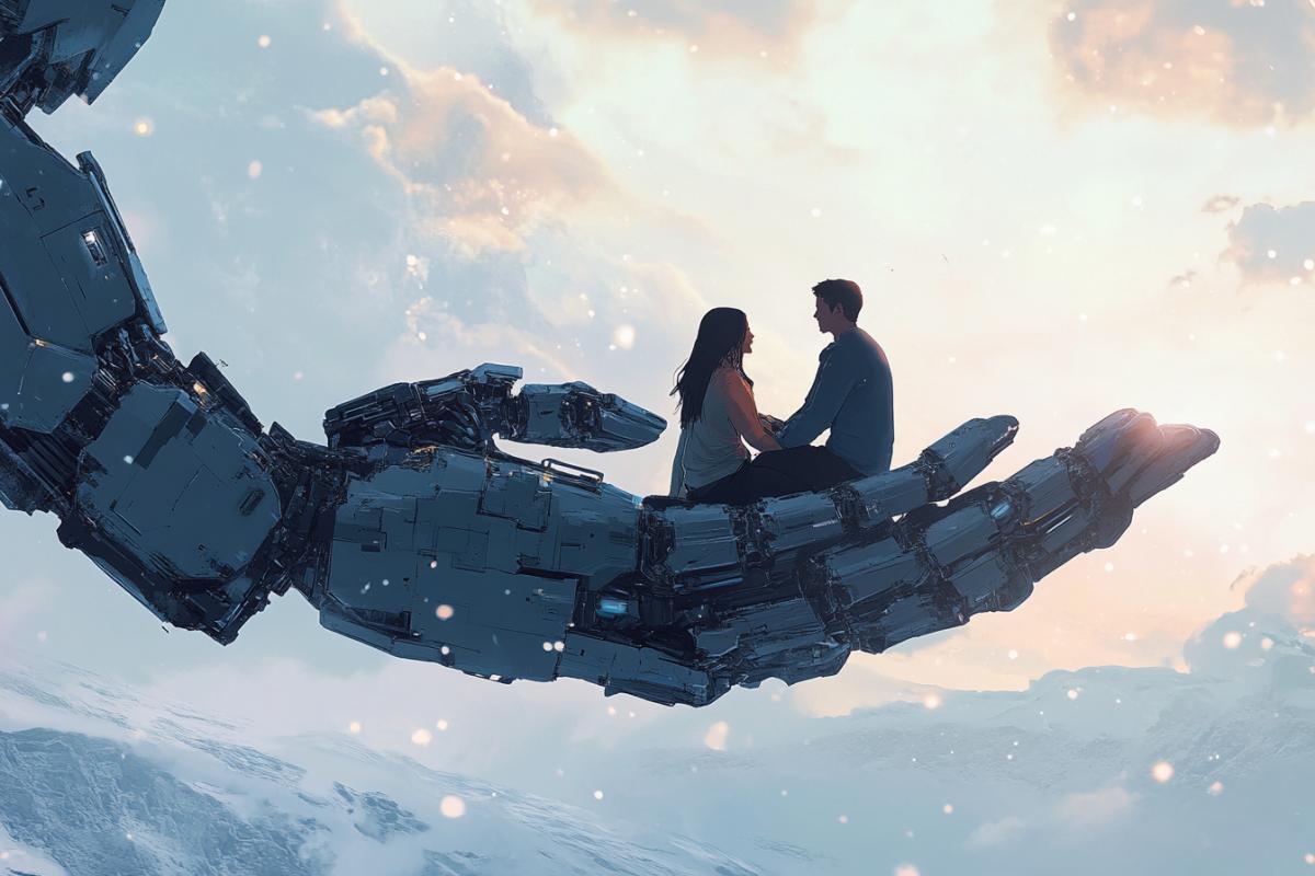 A loving couple sits on the big palm of a giant robot, their embrace touching and tender despite the cold and metallic landscape around them.
