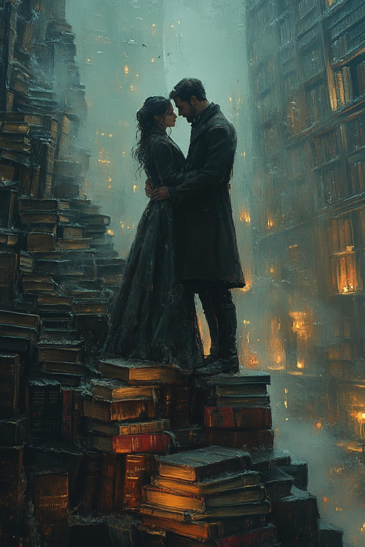 A poignant scene of a romantic couple, their figures partially obscured by the layers of dust in an abandoned library. They stand atop a towering pile of old books, which create a chaotic cityscape of knowledge. A soft, warm light filters in through the broken windows, highlighting their silhouettes as they embrace. The atmosphere is filled with a sense of nostalgia, history, and the fleeting nature of love amidst the passage of time.