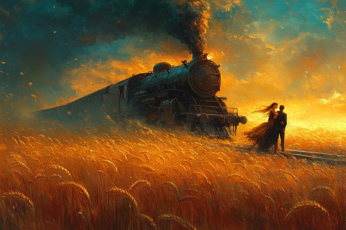 A couple standing on the roof of a moving train rushing through vast fields of wheat. The wind flutters their hair, they cling ly to each other despite the speed and danger, a golden landscape stretches below, and a piercingly clear sky overhead.