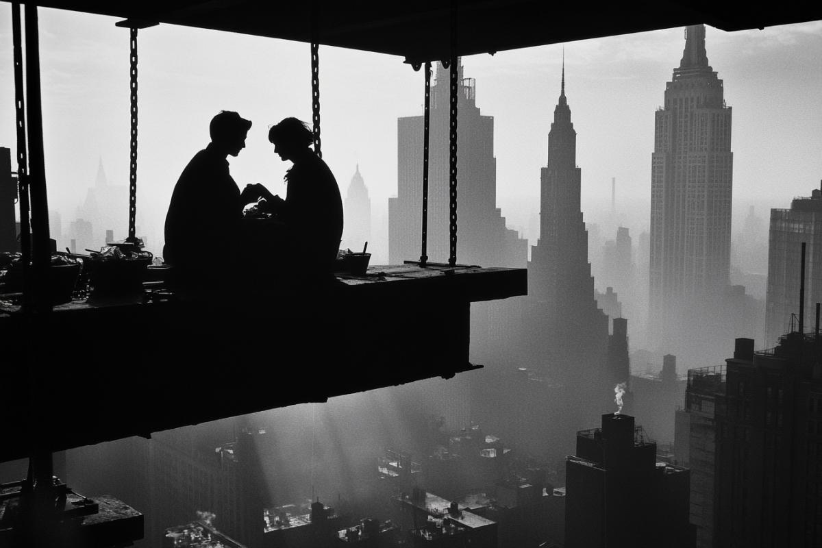 A stunning dark and white photograph of a couple sitting on a steel beam among other laborers who are eating lunch. The couple, slightly hidden from view, delicately touches each others hands, sharing a private moment in the rough, industrial environment. The New York skyscrapers are visible in the background, forming the backdrop of the ling metropolis. The image captures a subtle yet powerful moment of love and connection amidst a laborious landscape, symbolizing quiet romance in an unexpected setting., photo, portrait photography