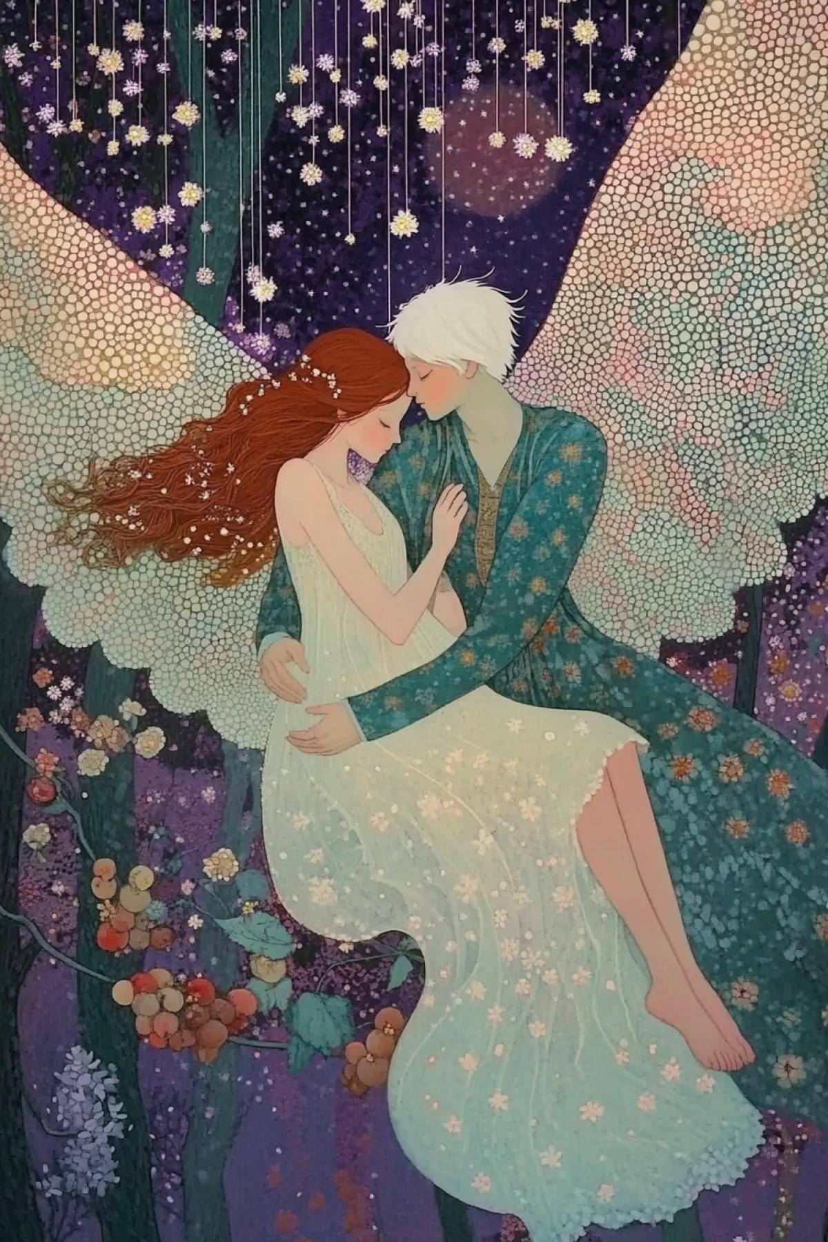 In the House of Angels there is a wonderful celestial garden,. Shows two vacationers. lovers beautiful young woman over. a man. There are flower petals, as in the snowfall,. They spin like white snowflakes. There are fluffs lighter than dandelions. Flying like the feathers of the beautiful white birds,. Touching the angelic and adorable faces of children.. The house of angels is a wonderful celestial garden,. Honey grapes grow in the garden,. Levkoi, lilies and tulips are blooming.. Here are the angels among the thick foliage of the plane trees. Swinging in perforated hammocks. And enjoy the magical birdsong.. The house of angels is a wonderful celestial garden,. There are shooting stars in the sky day and night,. There the white owls sit under the stars. And they carefully keep angelic secrets.