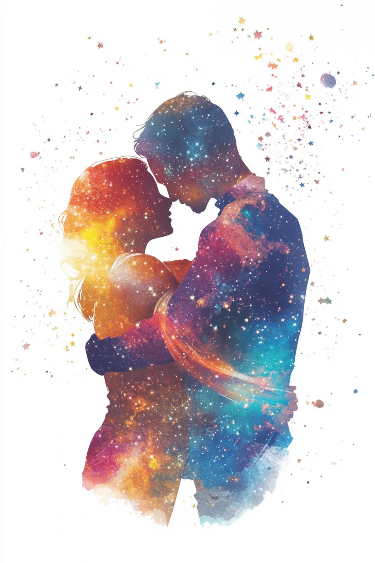 Fantastic design featuring two lovers, a man and a woman, hugging, with a galaxy theme, stars and space elements, set on a clean white background. Whimsical, spacey, cute design for clothing and accessories. Dreamy, colorful, vector style, no shadows, white background.