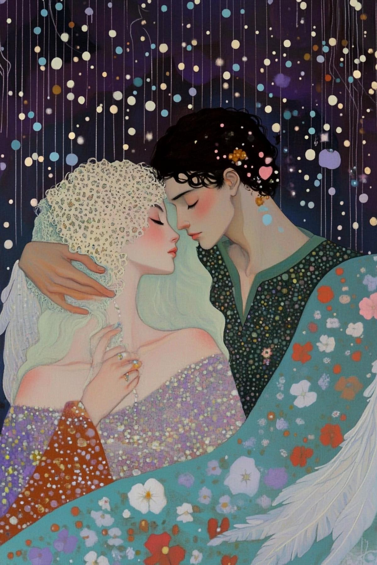 In the House of Angels there is a wonderful celestial garden,. Shows two vacationers. lovers beautiful young woman over. a man. There are flower petals, as in the snowfall,. They spin like white snowflakes. There are fluffs lighter than dandelions. Flying like the feathers of the beautiful white birds,. Touching the angelic and adorable faces of children.. The house of angels is a wonderful celestial garden,. Honey grapes grow in the garden,. Levkoi, lilies and tulips are blooming.. Here are the angels among the thick foliage of the plane trees. Swinging in perforated hammocks. And enjoy the magical birdsong.. The house of angels is a wonderful celestial garden,. There are shooting stars in the sky day and night,. There the white owls sit under the stars. And they carefully keep angelic secrets.