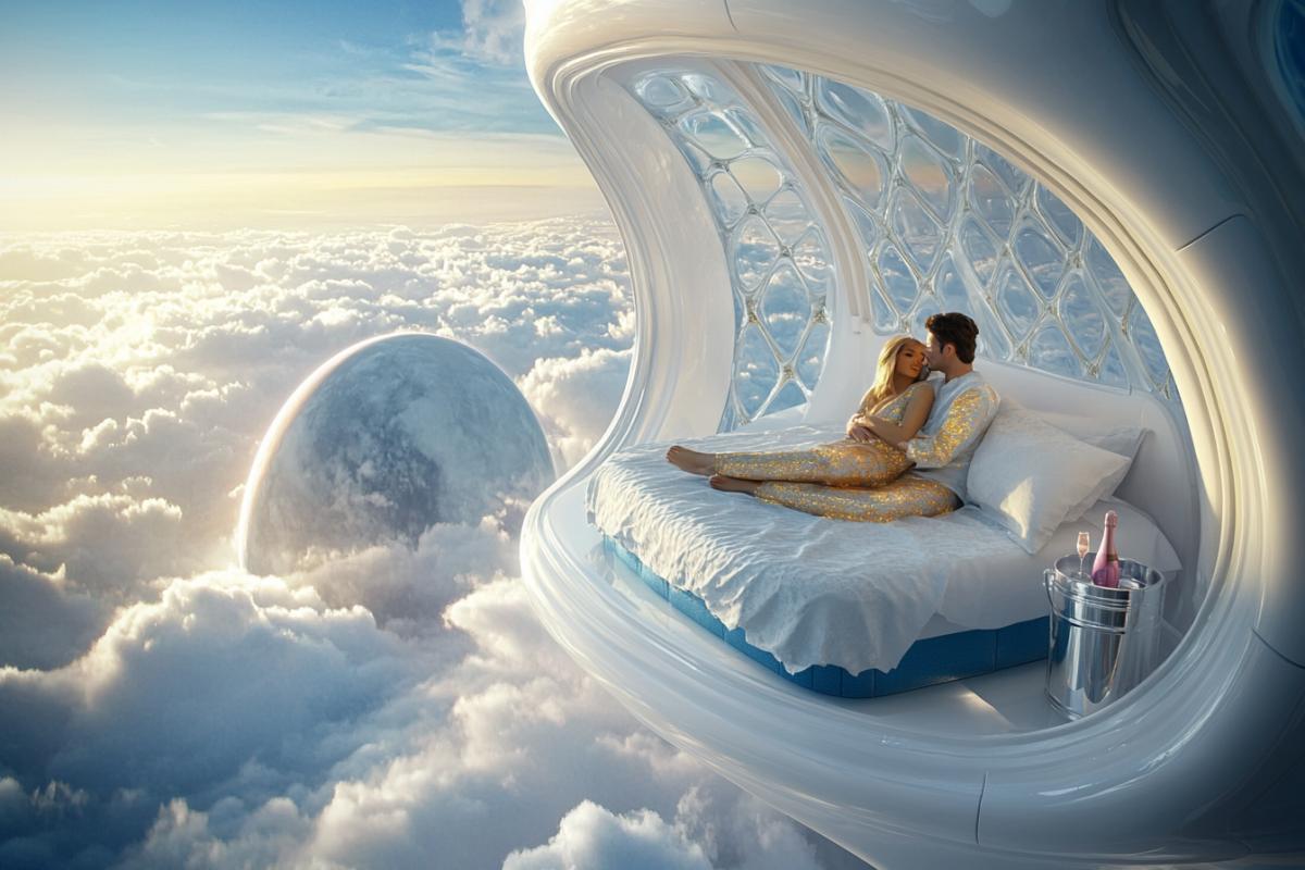 Interior of a futuristic hotel in space, airy design, white tones, soft blue furniture with gilding, young lovers man and woman on a futuristic bed in silk light pajamas hugging, on the bedside table in a silver bucket a bottle of pink champagne, one crystal rose, view of the planet Saturn and clouds from panoramic windows, 2000s film