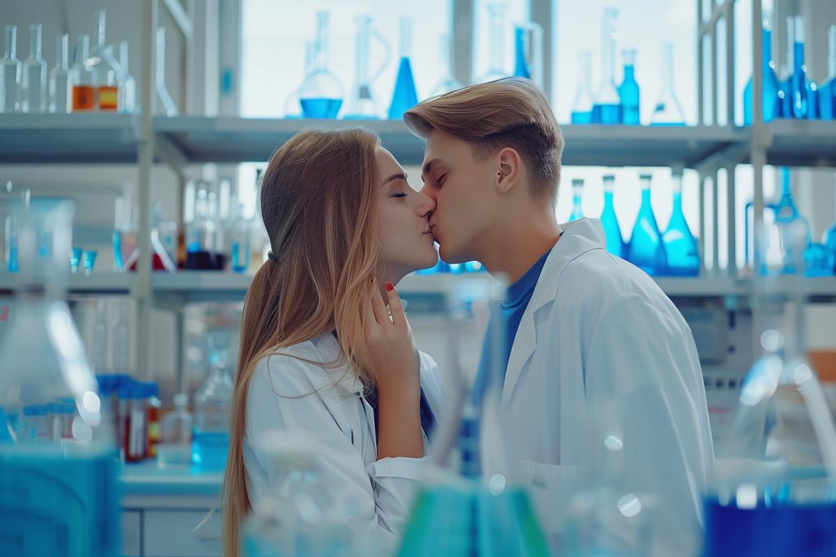 Chemists man and woman kissing in a chemical laboratory among colorful flasks, glass chemical instruments