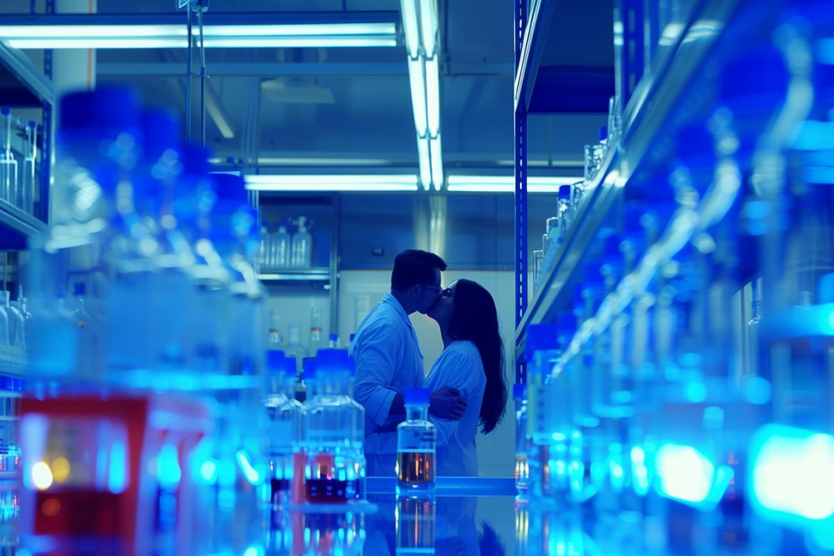 Chemists man and woman kissing in a chemical laboratory among colorful flasks, glass chemical instruments