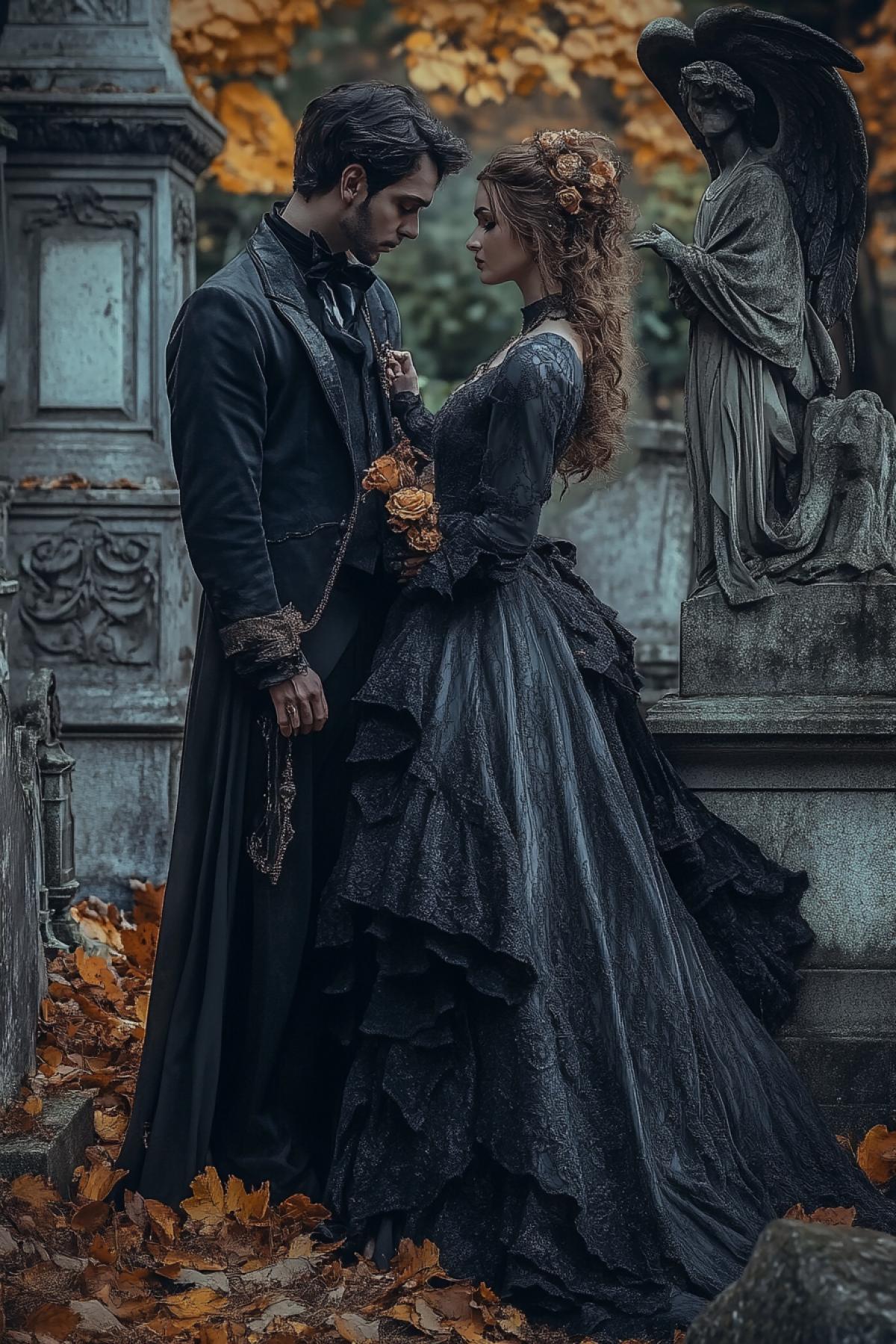 Gothic romantic autumn ancient cemetery, gothic vampire lovers, aristocratic fashion, stone angels, night, mystical atmospheric, photorealistic