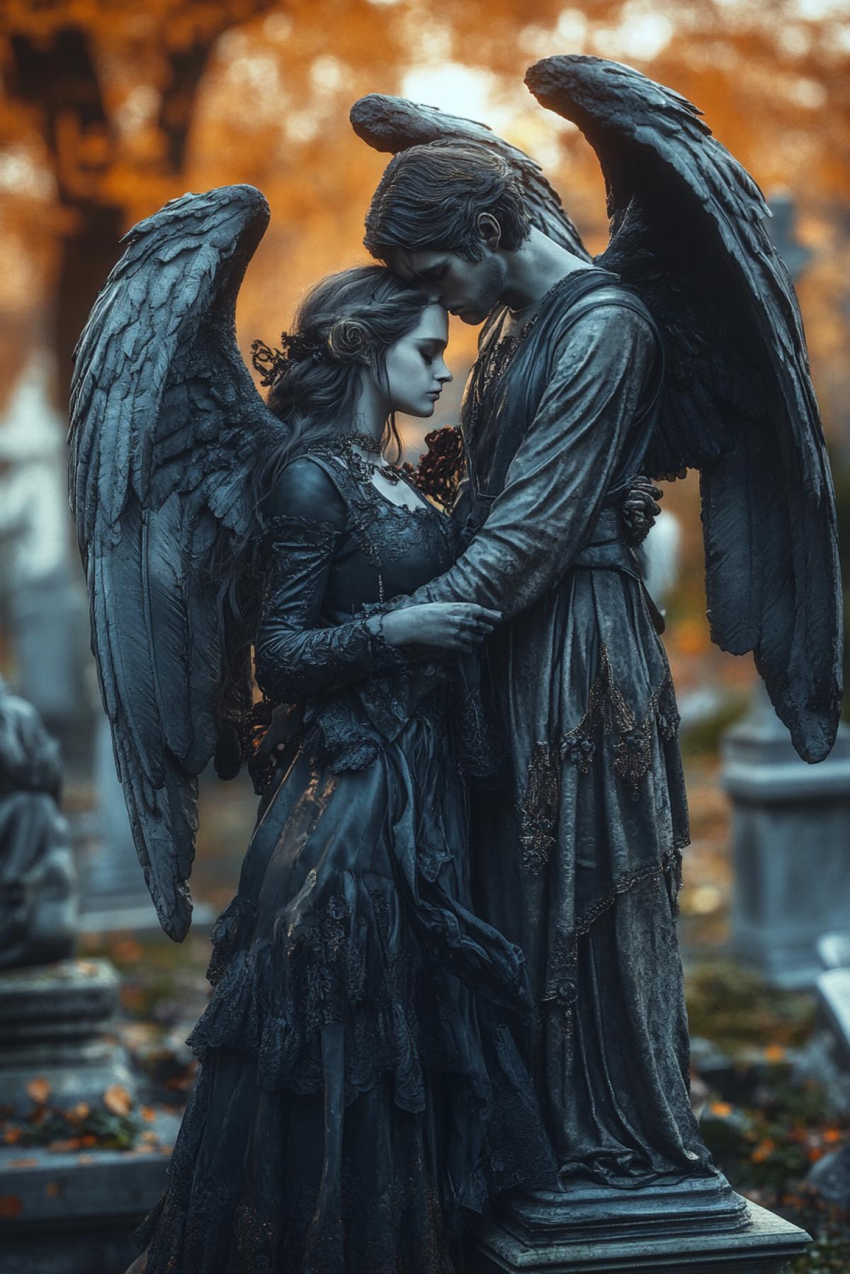 Gothic romantic autumn ancient cemetery, gothic vampire lovers, aristocratic fashion, stone angels, night, mystical atmospheric, photorealistic