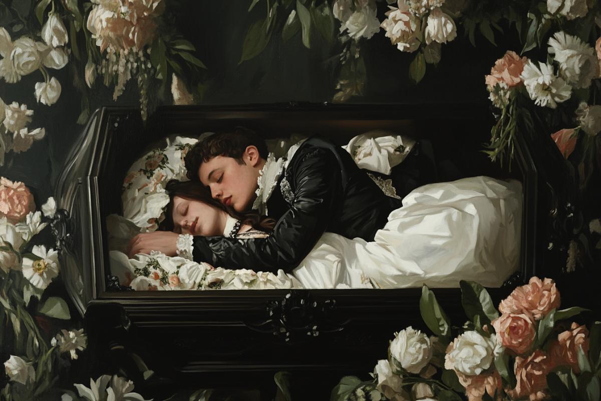 A couple in love in a coffin lie in an embrace at their funeral, baroque roccoco