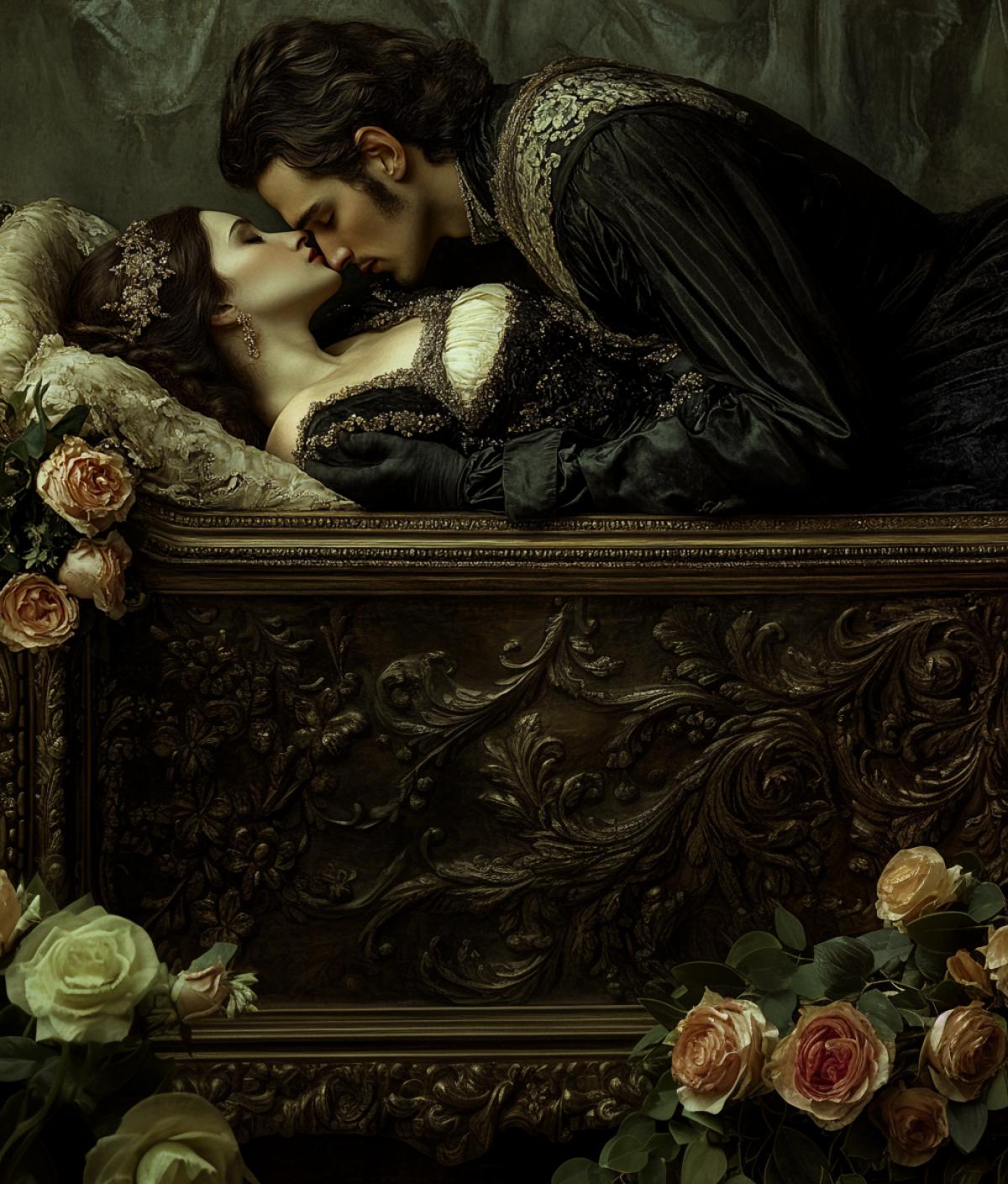 A couple in love in a coffin lie in an embrace at their funeral, baroque roccoco
