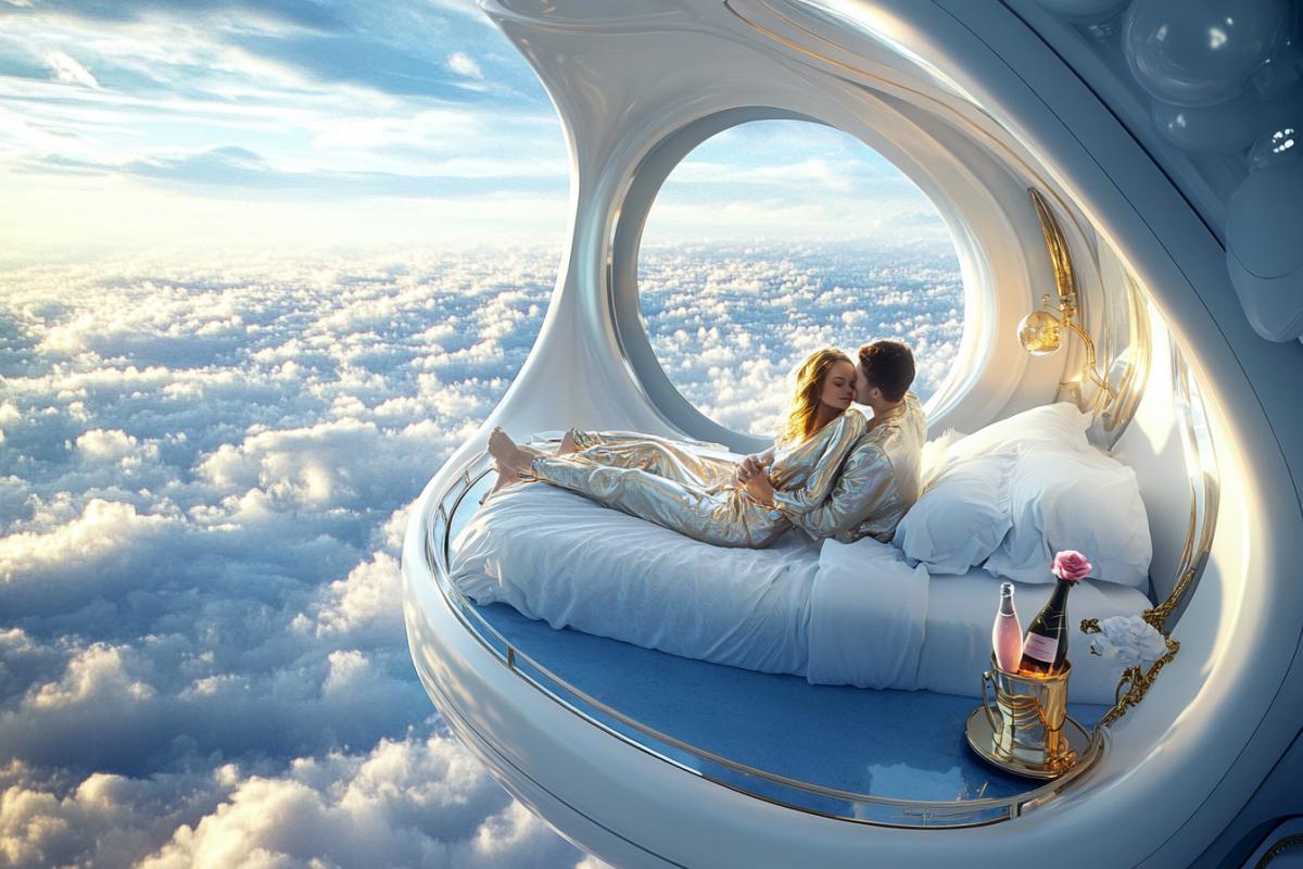 Interior of a futuristic hotel in space, airy design, white tones, soft blue furniture with gilding, young lovers man and woman on a futuristic bed in silk light pajamas hugging, on the bedside table in a silver bucket a bottle of pink champagne, one crystal rose, view of the planet Saturn and clouds from panoramic windows, 2000s film