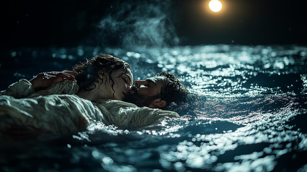 Rose lies on a wooden door, and Jack holds on to the edge, drifting in the icy waters of the Atlantic after the sinking of the Titanic. Their faces are pale from the cold, steam rises from their mouths, against the backdrop of a night sky with bright stars. The camera captures a close-up of their hands reaching out to each other, the water around them is calm but saturated with tragic silence, the light of the moon reflects on the surface of the water, increasing the drama of the scene.