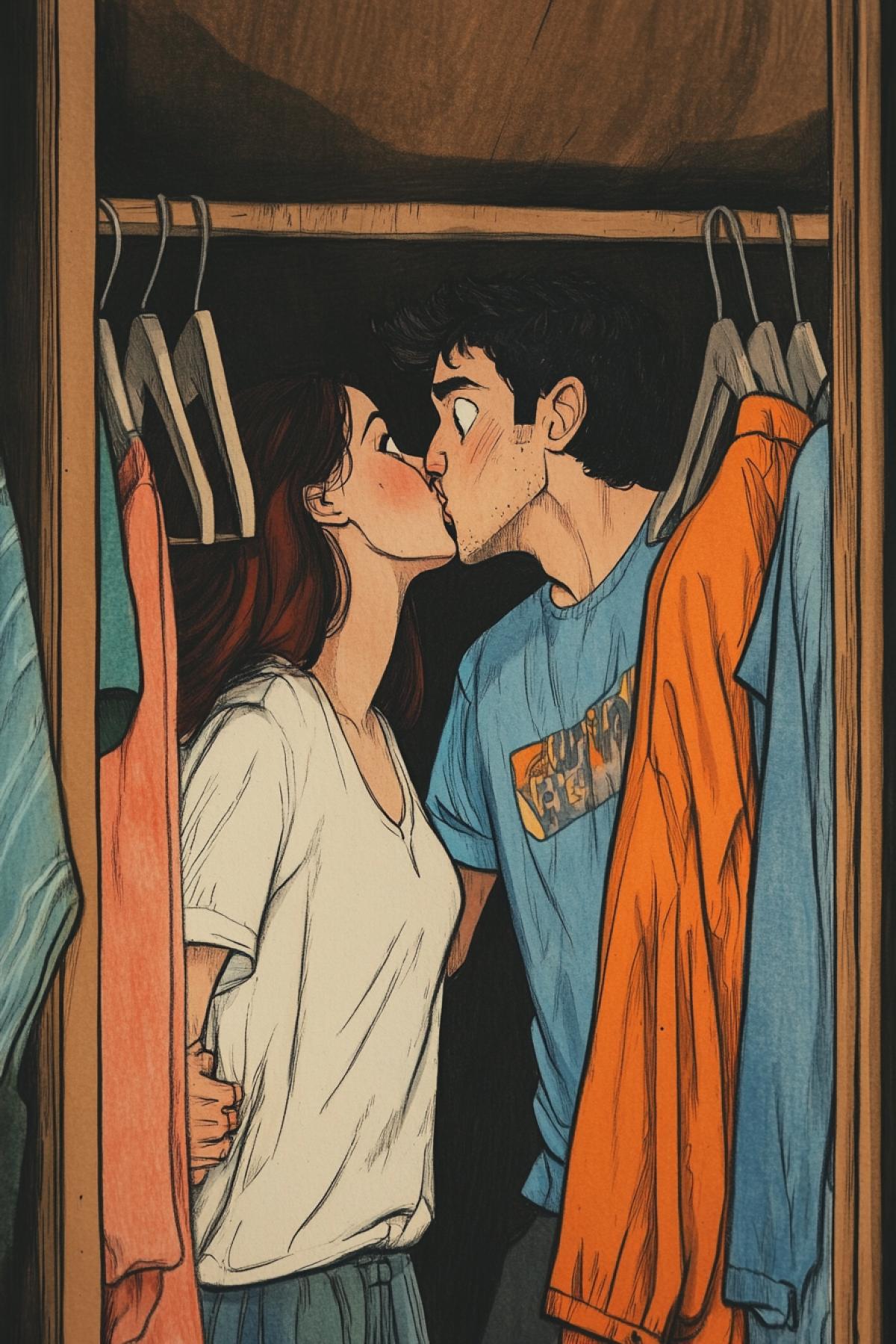 View from inside a wardrobe. Two lovers are kissing among the hanging clothes. The wardrobe door is slightly open, and through the gap, you can see a man and a woman excitedly arguing, animatedly gesturing.