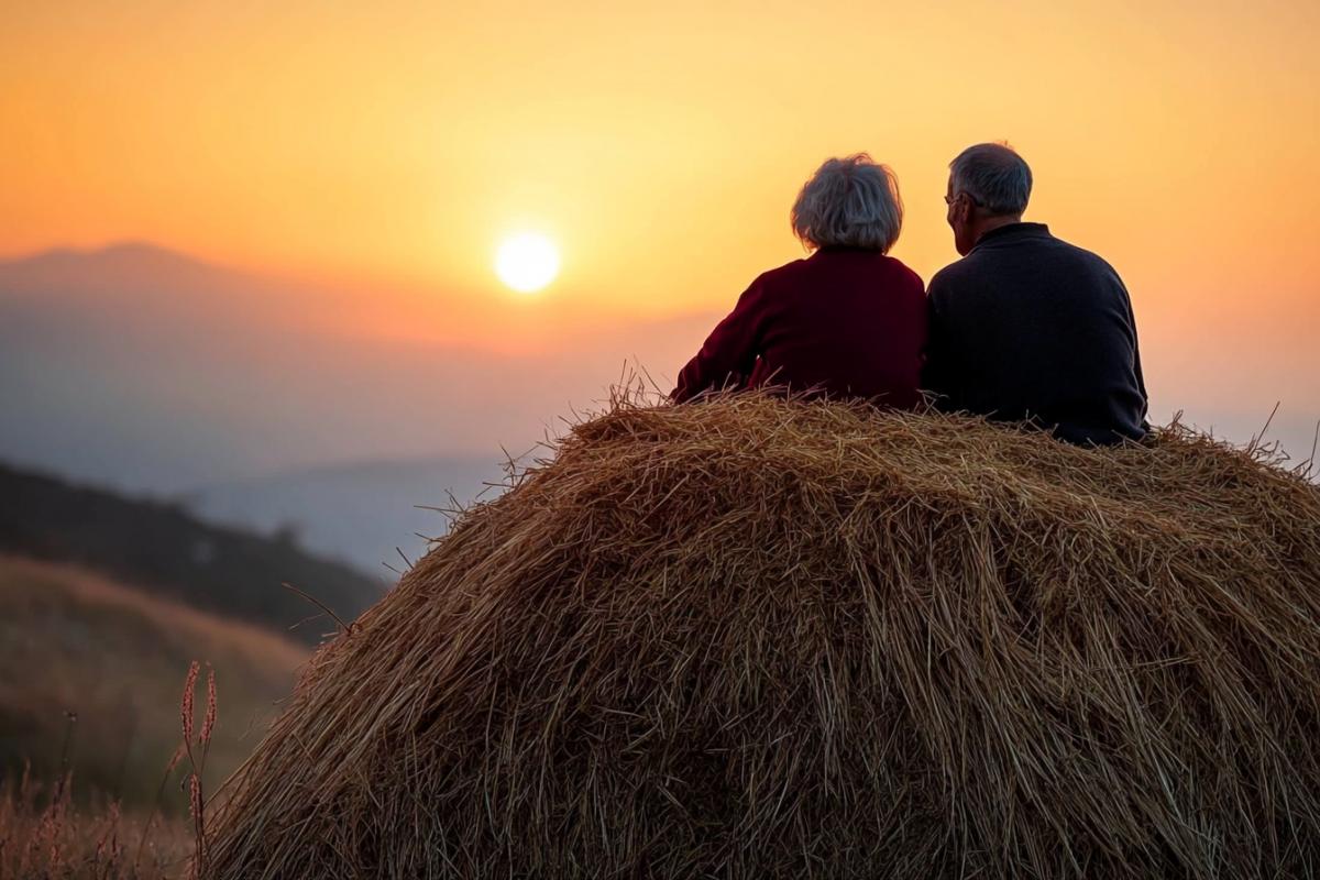 A haystack resembling a big mound of hay. At the top of the haystack, a grandmother and grandfather sit like a loving couple, admiring the sunrise.