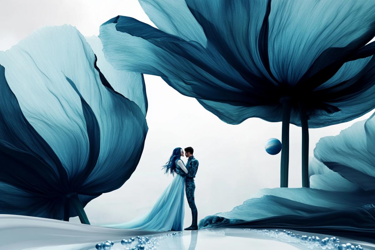 Digital watercolor, extraterrestrial space landscape, Jupiter rising is visible, girl with long blue hair in ephemeral blue and white dress hugs her lover man in astronaut suit on the shore of extraterrestrial sea, smiling mysteriously, , the shore is made of pearls, surrounded by huge, like blue-blue poppies trees up to the sky, stylized watercolor, airbrush painting, soft cinematic volumetric light, flowers, floral pastel colors, perfect wide background, visual masterpiece, 8k