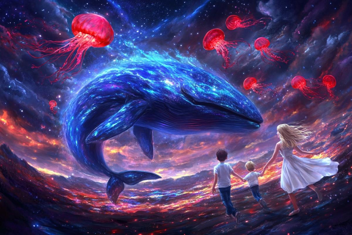 A boy and a blonde girl run hand in hand through a fantasy landscape, with a large majestic blue and purple whale hovering above. The whale is adorned with vibrant red jellyfish that float around its , creating a mesmerizing contrast. The background is a dreamy starry sky with a soft purple glow, and the boy is dressed in a white shirt and blue pants, with a small backpack, while the girl wears a silky white dress. The overall style is whimsical and magical, evoking a sense of wonder and adventure.