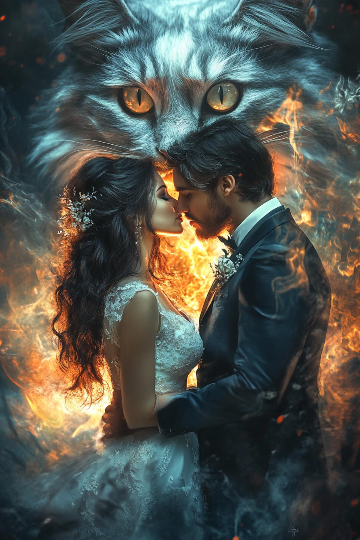 image of two young people in love groom in tailcoat and bride in lush bridal outfit kissing by the fire with big fiery dark fluffy cat behind them digital fantasy landscape style baroque sci-fi style hyperrealistic animal illustrations light blue and white manticore 85:128 raw style stylized 750