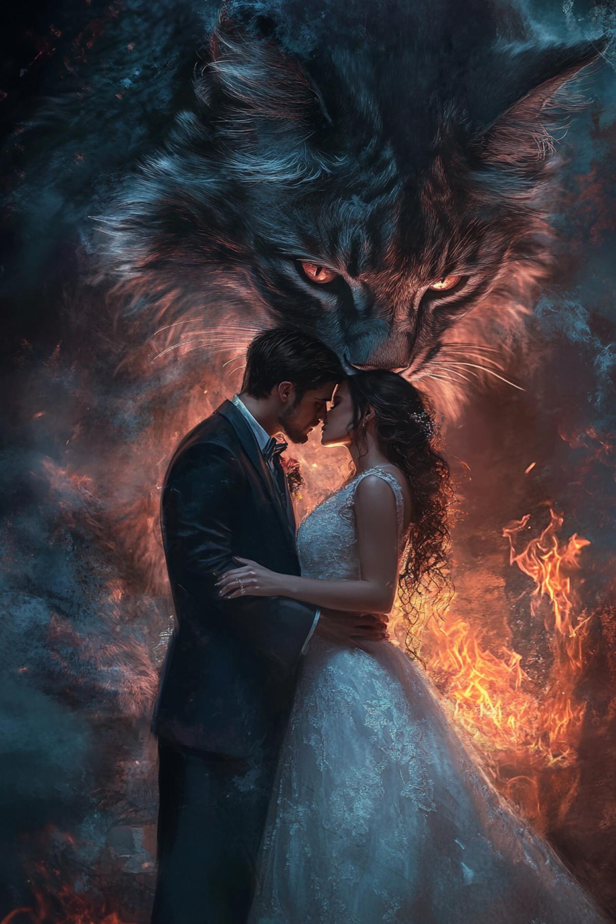 image of two young people in love groom in tailcoat and bride in lush bridal outfit kissing by the fire with big fiery dark fluffy cat behind them digital fantasy landscape style baroque sci-fi style hyperrealistic animal illustrations light blue and white manticore 85:128 raw style stylized 750