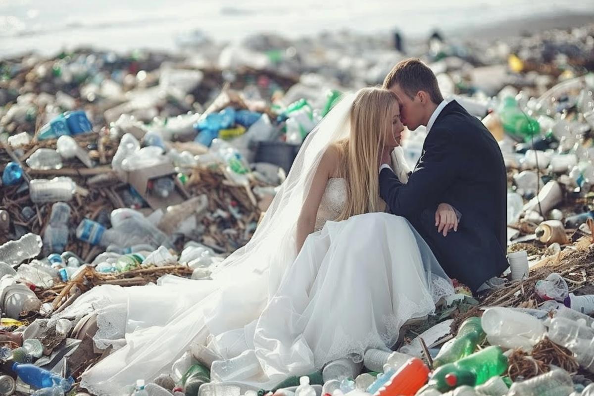 Wedding in a landfill, bride and groom among mountains of garbage