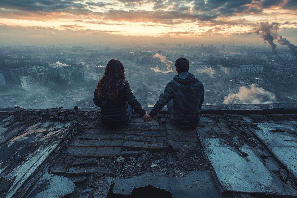Lovers holding hands while sitting on the edge of the roof, post-apocalypse, view from above, destroyed everywhere