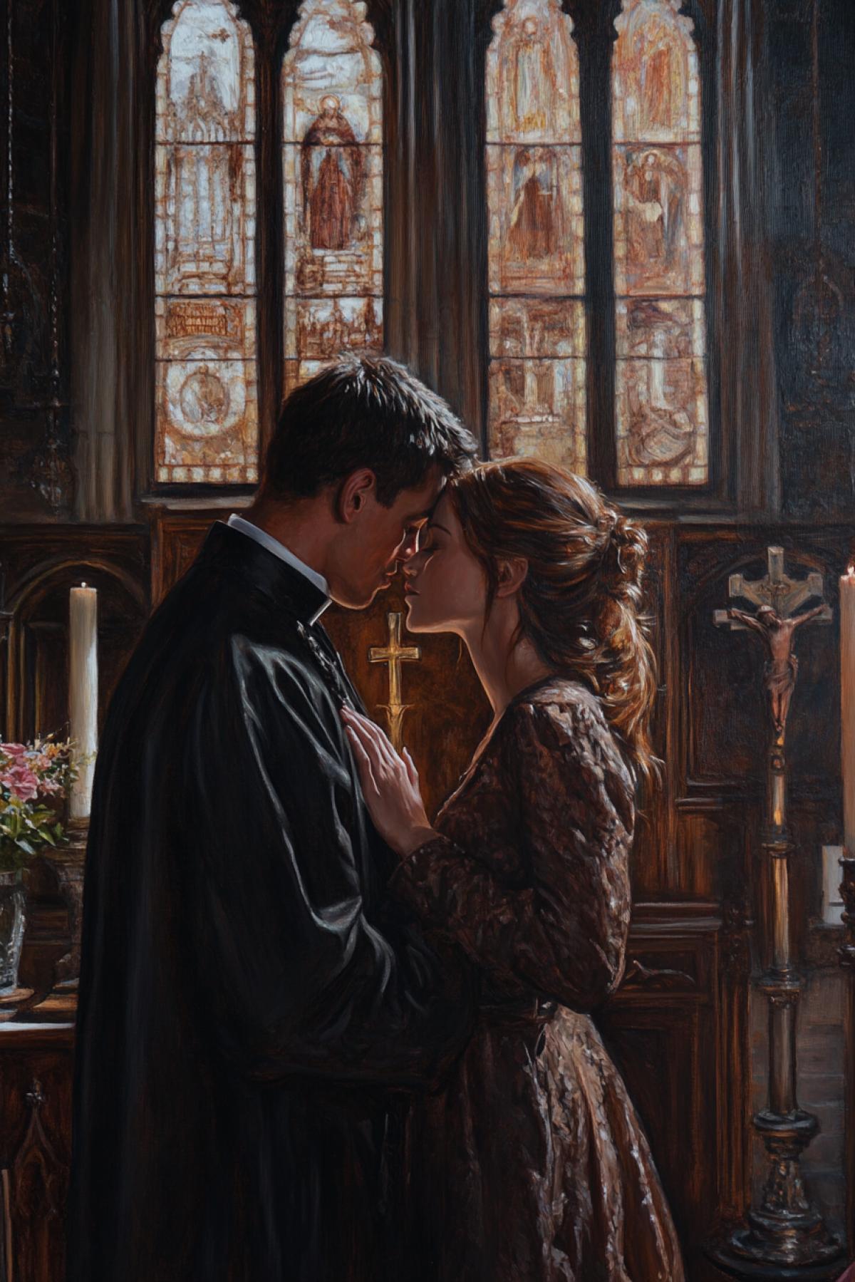 Lovers in a Gothic church, a priest and a girl in a confessional, sinful passion, romance, photorealism