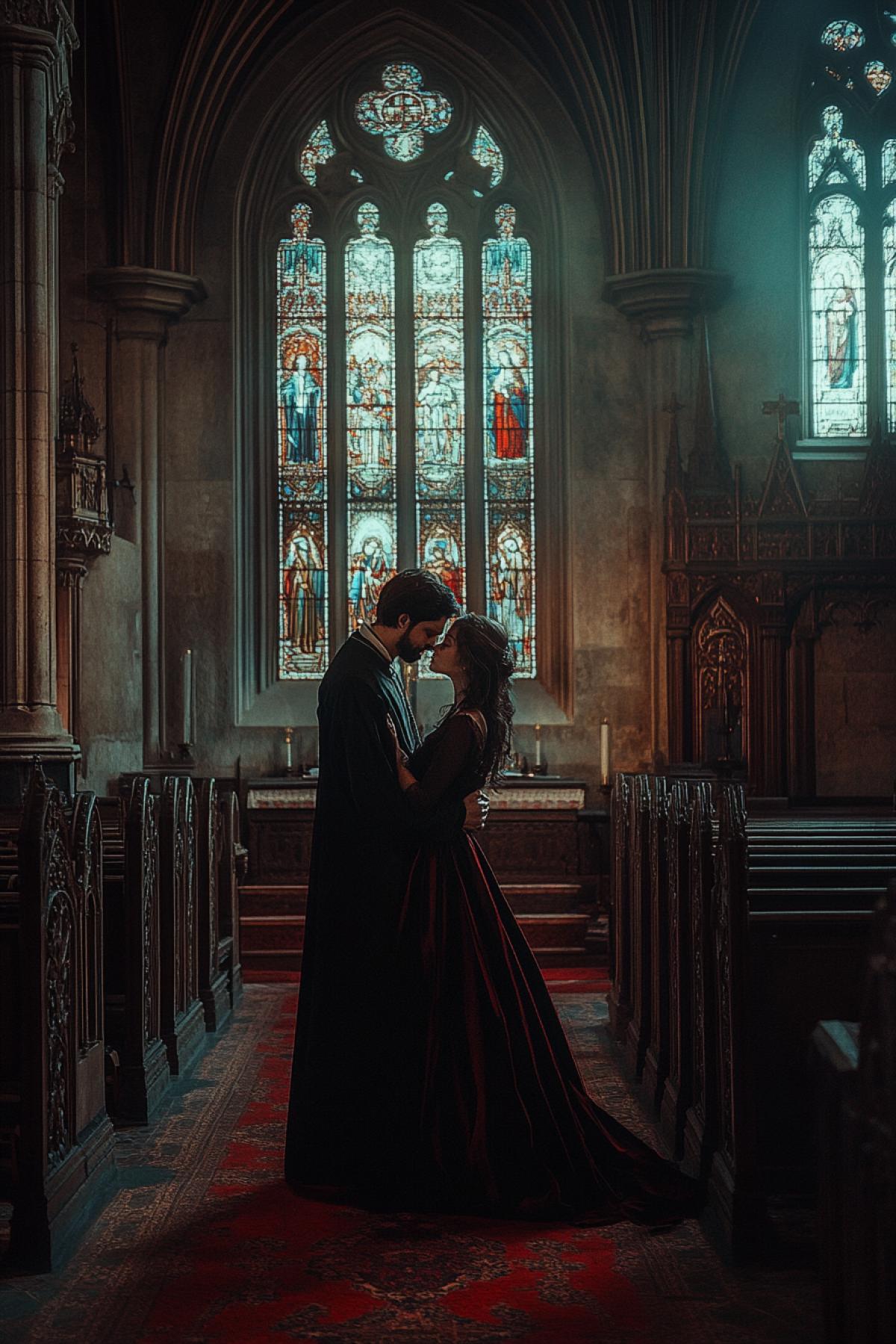 Lovers in a Gothic church, a priest and a girl, sinful passion, romance, professional atmospheric photography