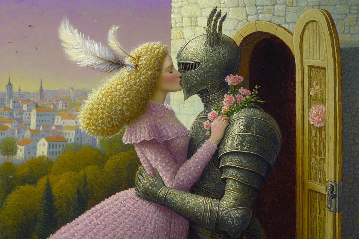 An unusually strong woman of the Victorian era kisses her knight, who, having jumped off his horse, ended up in her arms, a strong kiss and hug. The knight has a feather on his helmet, flowers in his hands, and his beloved has a , high hairstyle. The door is open to her stone castle. Background is an old town with green trees, delicate pastel colors. Fabulous atmosphere, a little surreal