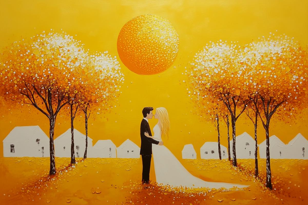Two young lovers, a man and a blond woman. A kiss in the magical land of eternal yellow-orange spherical trees, where the sun is a yellow-orange orange slice. In the background are small white houses, a fabulous, cheerful dot pattern