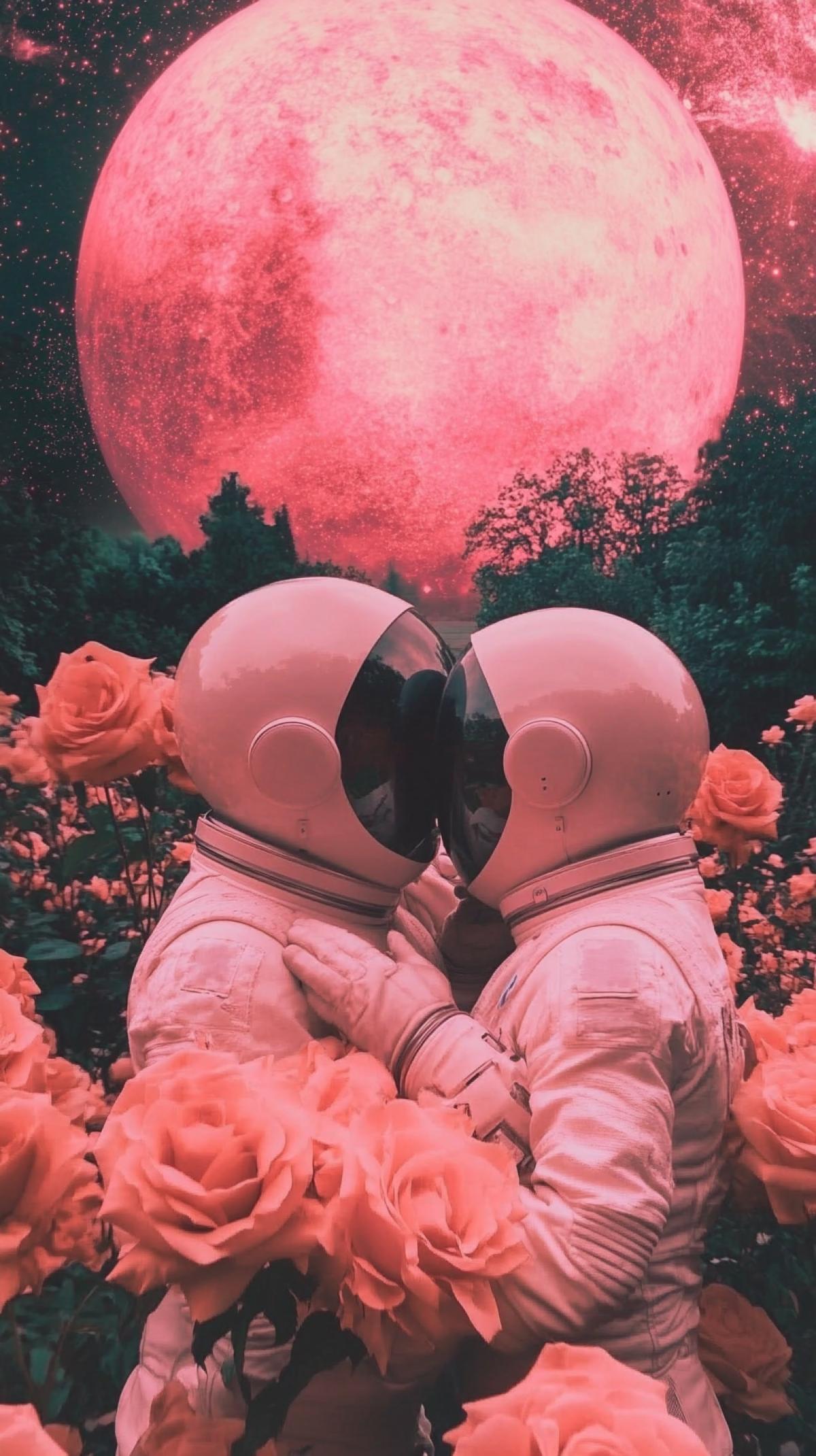 Among the lush yellow-pink roses are hugging figures of astronauts in futuristic white-pink suits, behind them rises in the background a big planet in pink-white tones with sparks and stardust.