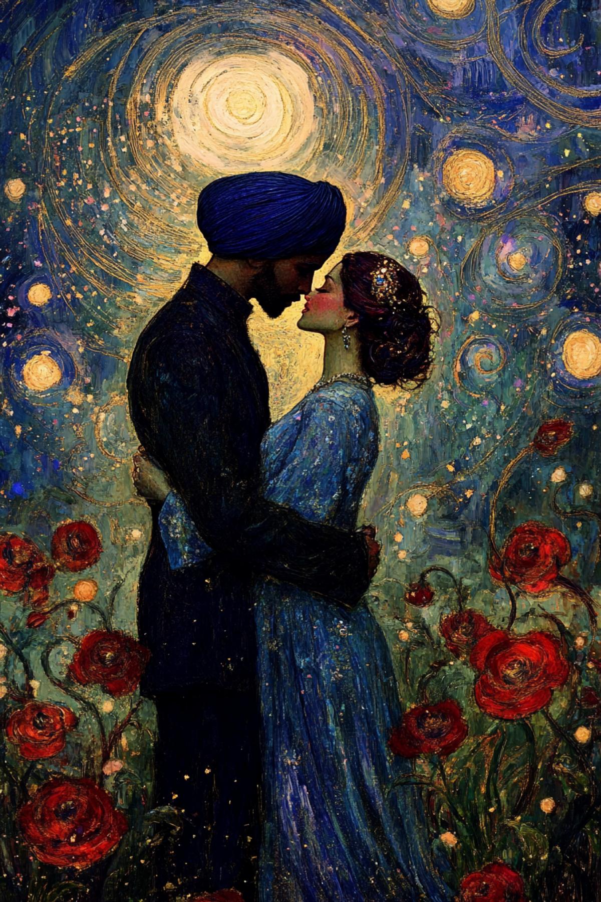Turn this couple towards each other for a kiss and hug, he is wearing a dark formal suit, a dark blue turban on his head, she is wearing a delicate blue chiffon dress, the couple stands among bright red-burgundy magical flowers against a fabulous background with fancy swirls of gold on blue- purple sky with delicate shades of twinkling stars
