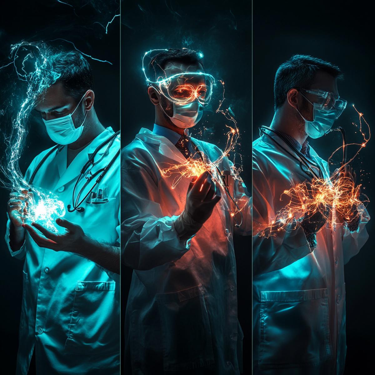 A series of striking portraits showcasing doctors as superheroes, each with unique powers to combat illness and save lives. In one image, a doctor with a glowing stethoscope levitates a patients , healing them from within. In another, a doctor with a surgical mask emits a beam of light from their hands, instantly curing a distant patient. A third image features a doctor wearing glasses, who can control microscopic organisms, manipulating them to defeat harmful pathogens. Each portrait is expertly lit, capturing the essence of these medical superheroes in a realistic yet fantastical setting., photo, portrait photography