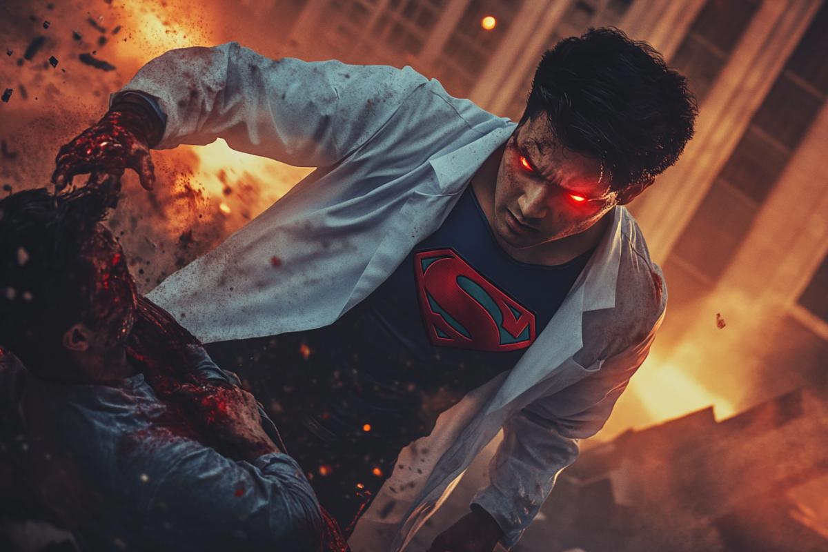 A superhero doctor inspired by Superman, wearing a white lab coat over a Superman-like suit, lifting debris with one hand while treating an injured person with the other, glowing red eyes, strong heroic 4k, urban disaster setting, sunset with dramatic light, photorealistic