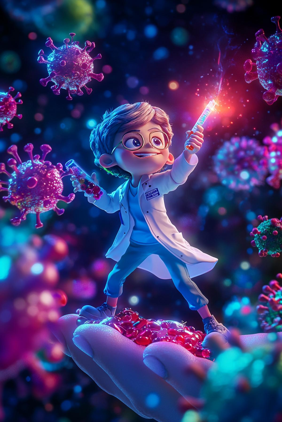 A pediatrician superhero, wearing a white coat and scrubs, miniaturized and standing on a childs hand, surrounded by a glowing immune system inside the , fighting off giant cartoonish viruses with a glowing syringe weapon, colorful and vibrant, soft light, cinematic closeup, highly detailed